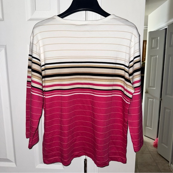Classic Elements Women's L (14-16) Striped Knit Top 3/4 Sleeve Pink White Beige - Picture 10 of 12